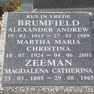 ZEEMAN Magdalena Catherina 1885-1965 :: BRUMFIELD Alexander Andrew 1915-1989 &amp; Martha Maria Christina 1924-2001 