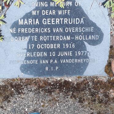 VANDERHEYDEN Maria Gertruida nee FREDERICKS VAN OVERSCHIE 1916-1977