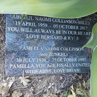 COLLINSON Pamella Naomi nee ZUNKEL 1930-1997 :: COLLINSON-MILES Abigail Naomi 1959-2017