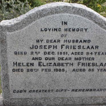 FRIESLAAR Joseph -1951 &amp; Helen Elizabeth -1985