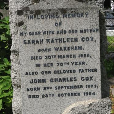 COX John Charles 1873-1954 &amp; Sarah Kathleen WAKEHAM -1950