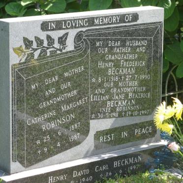 ROBINSON Catherine Margaret 1887-1987 :: BECKMAN Henry Frederick 1918-1990 &amp; Lillian Jane Beatrice ROBINSON 1911-1997