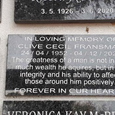 FRANSMAN Clive Cecil 1952-2020