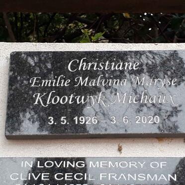 MICHAUX Christiane Emilie Malvina Maryse, KLOOTWYK 1926-2020
