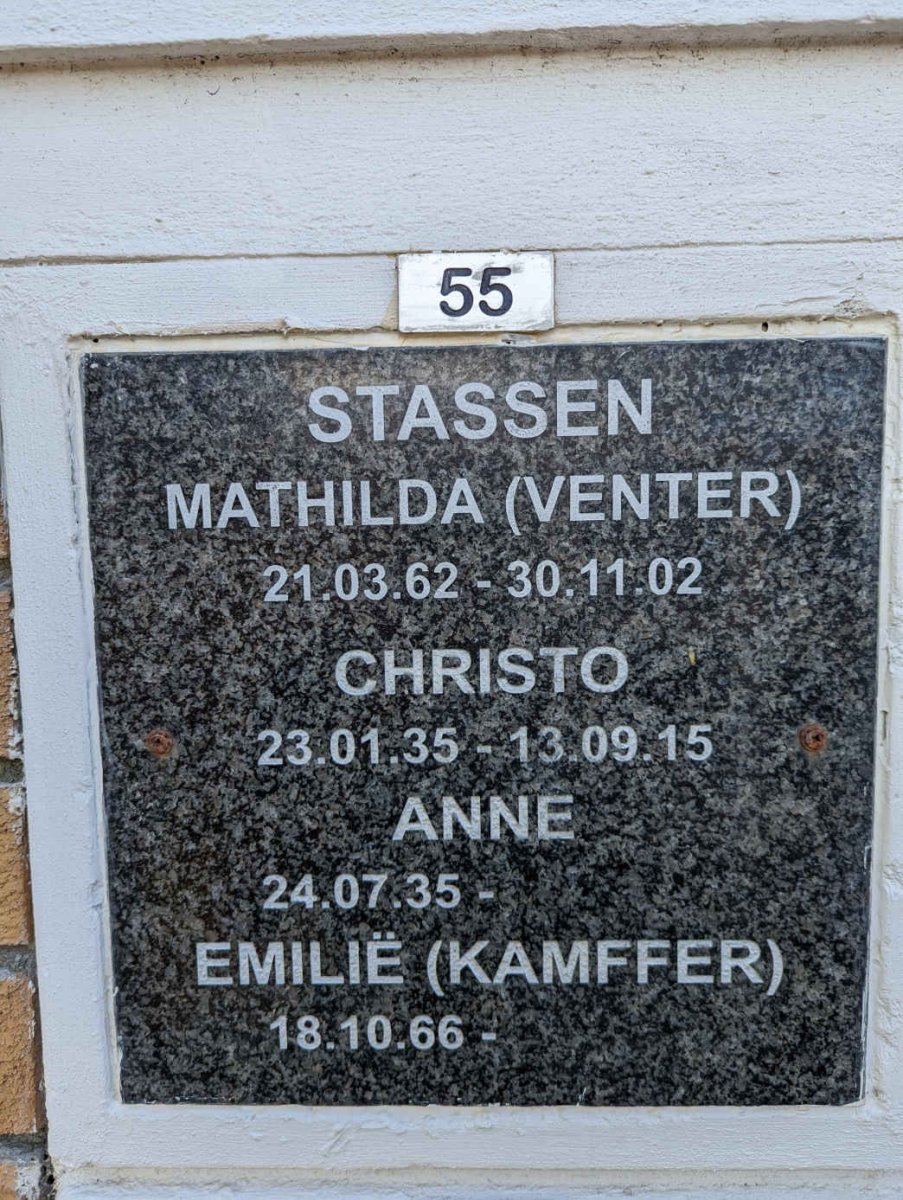 STASSEN Christo 1935-2015 &amp; Anne 1935- :: STASSEN Mathilda nee VENTER 1962-2002 :: STASSEN Emilie nee KAMFFER 1966-