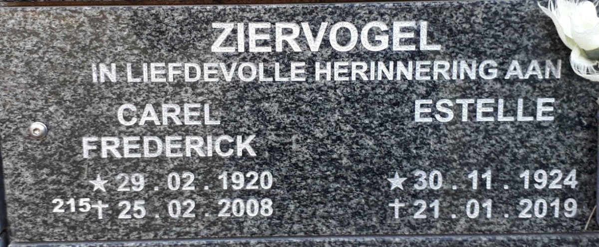 ZIERVOGEL Carel Frederick 1920-2008 &amp; Estelle 1924-2019