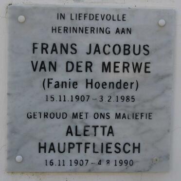 MERWE Frans Jacobus, van der 1907-1985 &amp; Aletta HAUPTFLEISCH 1907-1990