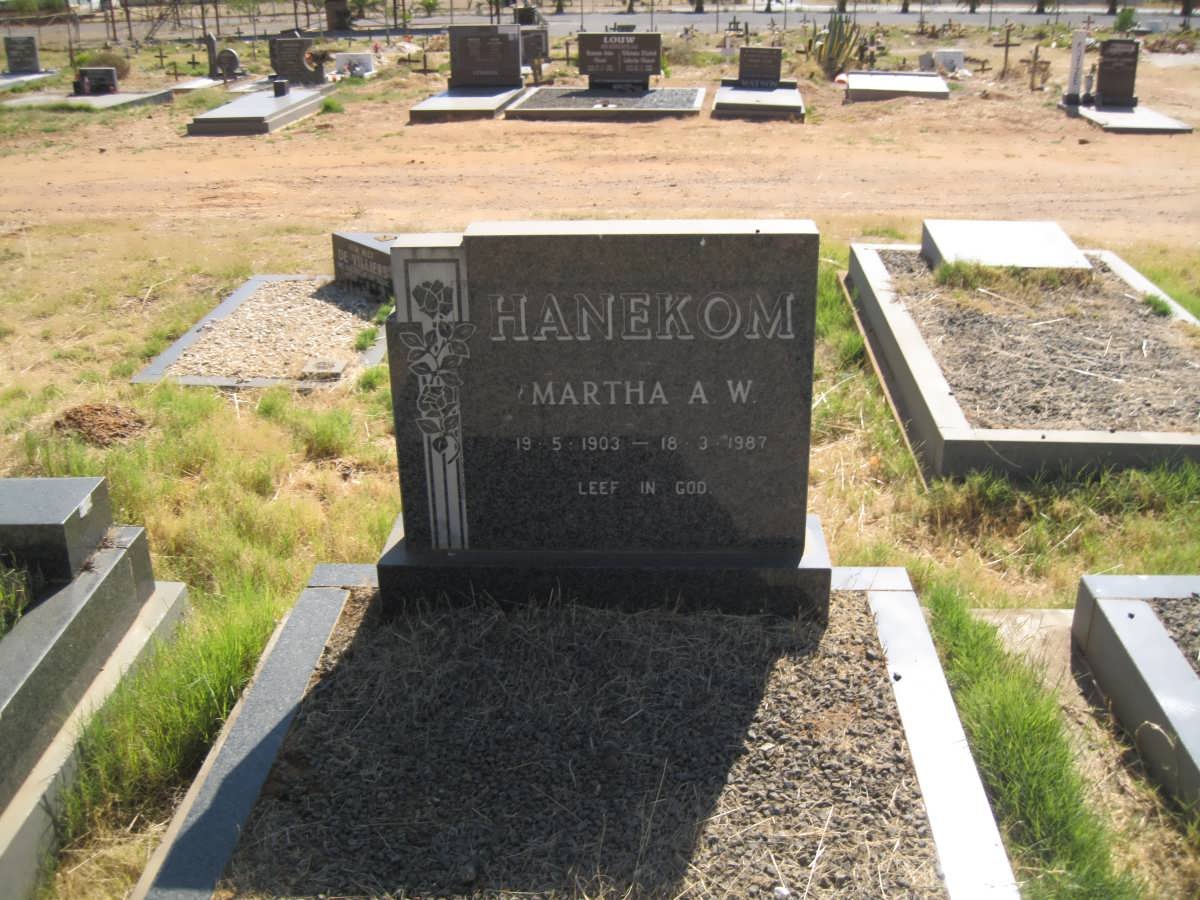 HANEKOM Martha A.W. 1903-1987