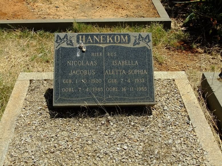 HANEKOM Nicolaas Jacobus 1920-1985 &amp; Isabella Aletta Sophia 1933-1985