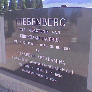 LIEBENBERG Christiaan Jacobus 1818-1887 &amp; Elizabeth Abrahamina, formerly VAN SCHALKWYK, nee GREEFF 1821-1892
