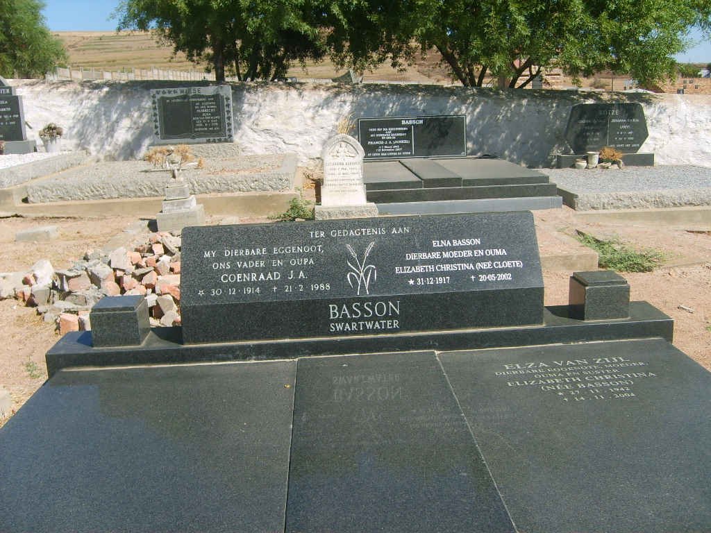 BASSON Coenraad J.A. 1914-1988 &amp; Elizabeth Chrisitna CLOETE 1917-2002 :: VAN ZIJL Elizabeth Christina nee BASSON 1942-1984