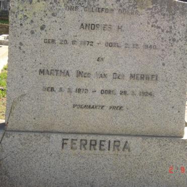 FERREIRA Andries H. 1872-1940 &amp; Martha VAN DER MERWE 1873-1924