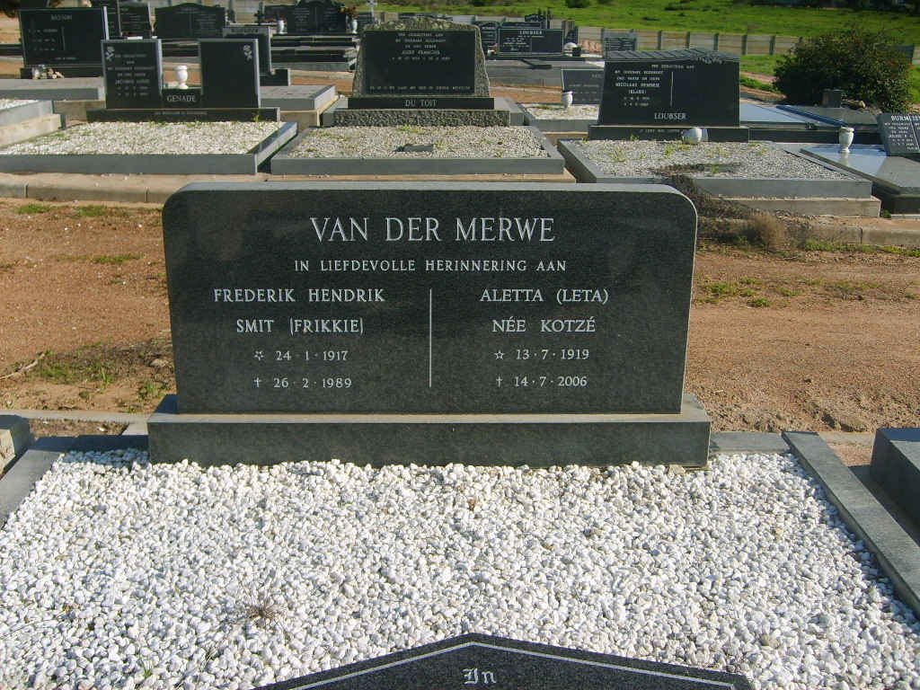 MERWE Frederik Hendrik Smit, van der 1917-1989 &amp; Aletta KOTZE 1919-2006