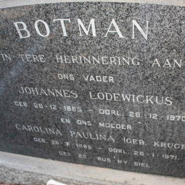 BOTMAN Johannes Lodewikus 1885-1970 &amp; Cornelia Paulina KRUGER 1888-1971