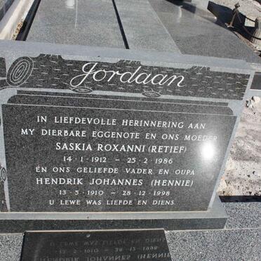 JORDAAN Hendrik Johannes 1910-1998 &amp; Saskia Roxanni RETIEF 1912-1866