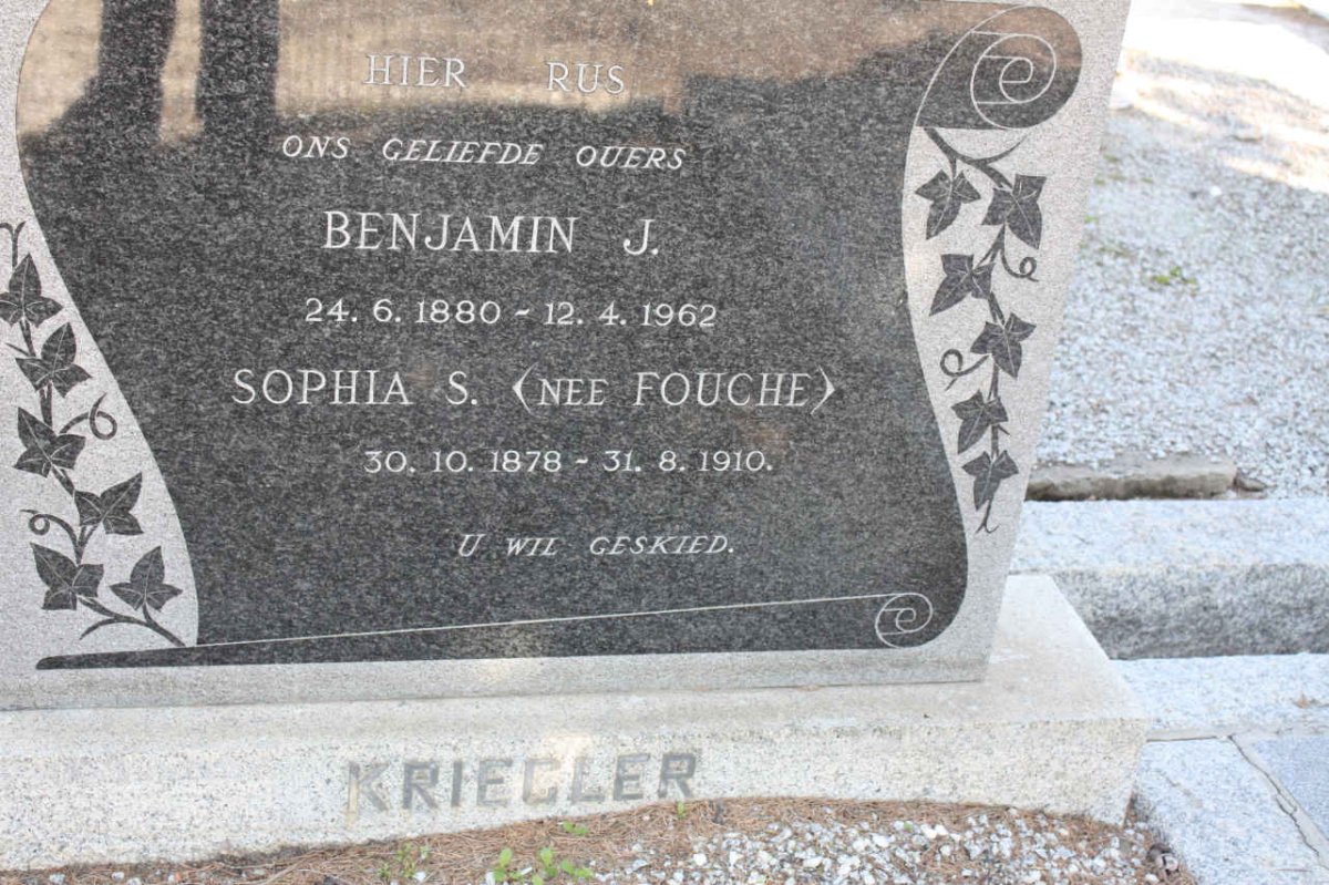 KRIEGLER Benjamin J. 1880-1962 &amp; Sophia  S. FOUCHE 1878-1910