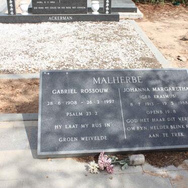 MALHERBE Gabriel Rossouw 1908-1997 &amp; Johanna Margaretha ERASMUS 1988-
