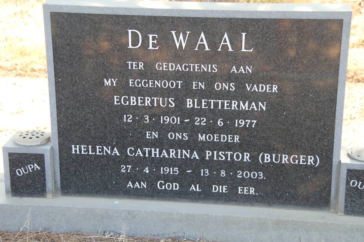 WAAL Egbertus Bletterman, de 1901-1977 &amp; Helena Catharina Pistor BURGER 1915-2003