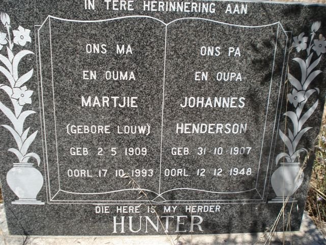 HUNTER Johannes Henderson 1907-1948 &amp; Martjie LOUW 1909-1993