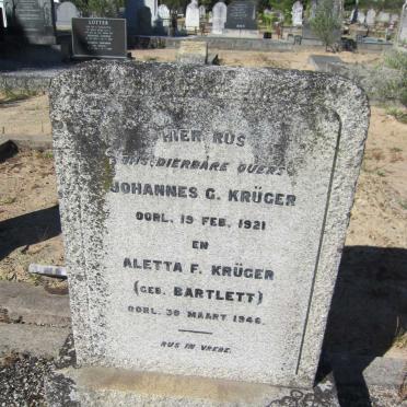 KRÜGER Johannes G. -1921 &amp; Aletta F. BARTLETT -1946