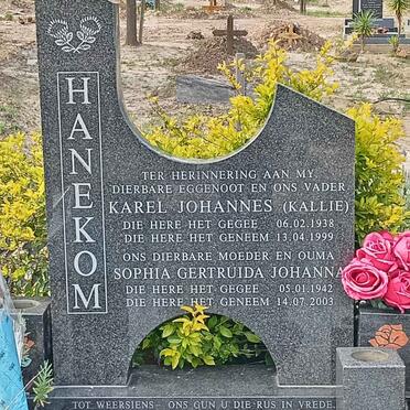 HANEKOM Karel Johannes 1938-1999 &amp; Sophia Gertruida Johanna 1942-2003