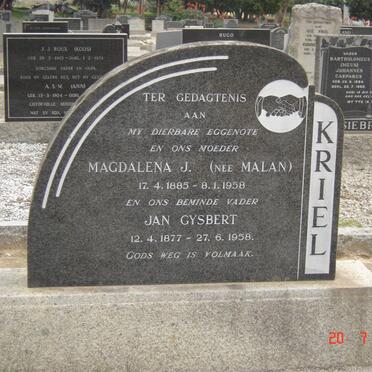 KRIEL  Jan Gysbert 1877-1958 &amp; Magdalena J. MALAN 1885-1958