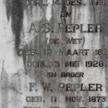 PEPLER A.S. nee DE WET 1845-1928 :: PEPLER F.W. 1873-1934