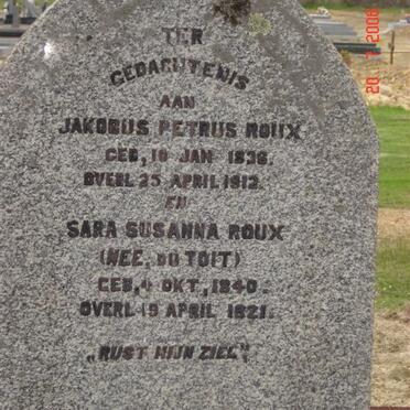 ROUX Jacobus Petrus 1838-1912 &amp;  Sara Susanna DU TOIT 1840-1921