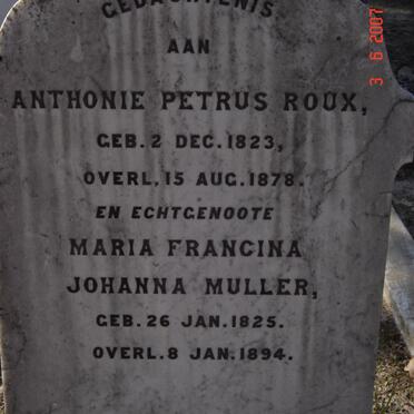 ROUX Anthonie Petrus 1823-1878 &amp; Maria Francina Johanna MULLER 1825-1894