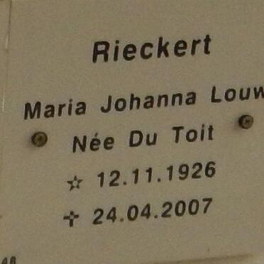 RIECKERT Maria Johanna Louw nee DU TOIT 1926-2007