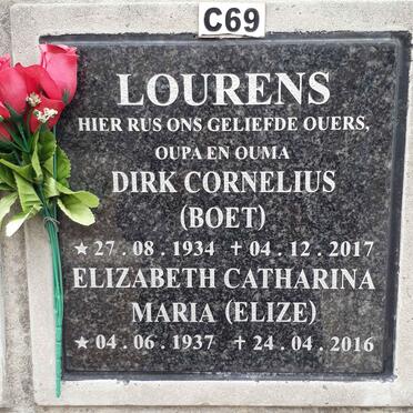 LOURENS Dirk Cornelius 1934-2017 &amp; Elizabeth Catharina Maria 1937-2016