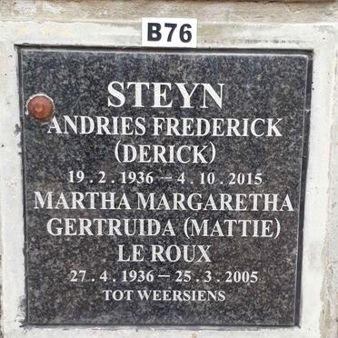 STEYN Andries Frederick 1936-2015 &amp; Martha Margaretha Gertruida LE ROUX 1936-2005