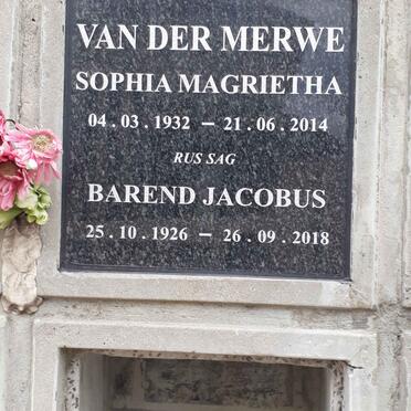 MERWE Barend Jacobus, van der 1926-2018 &amp; Sophia Magrietha 1932-2014