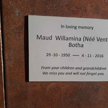 BOTHA Maude Willamina nee VENTER 1950-2016