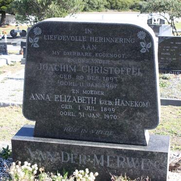 MERWE Joachim Christoffel, van der 1893-1967 &amp; Anna Elizabeth nee HANEKOM 1899-1970