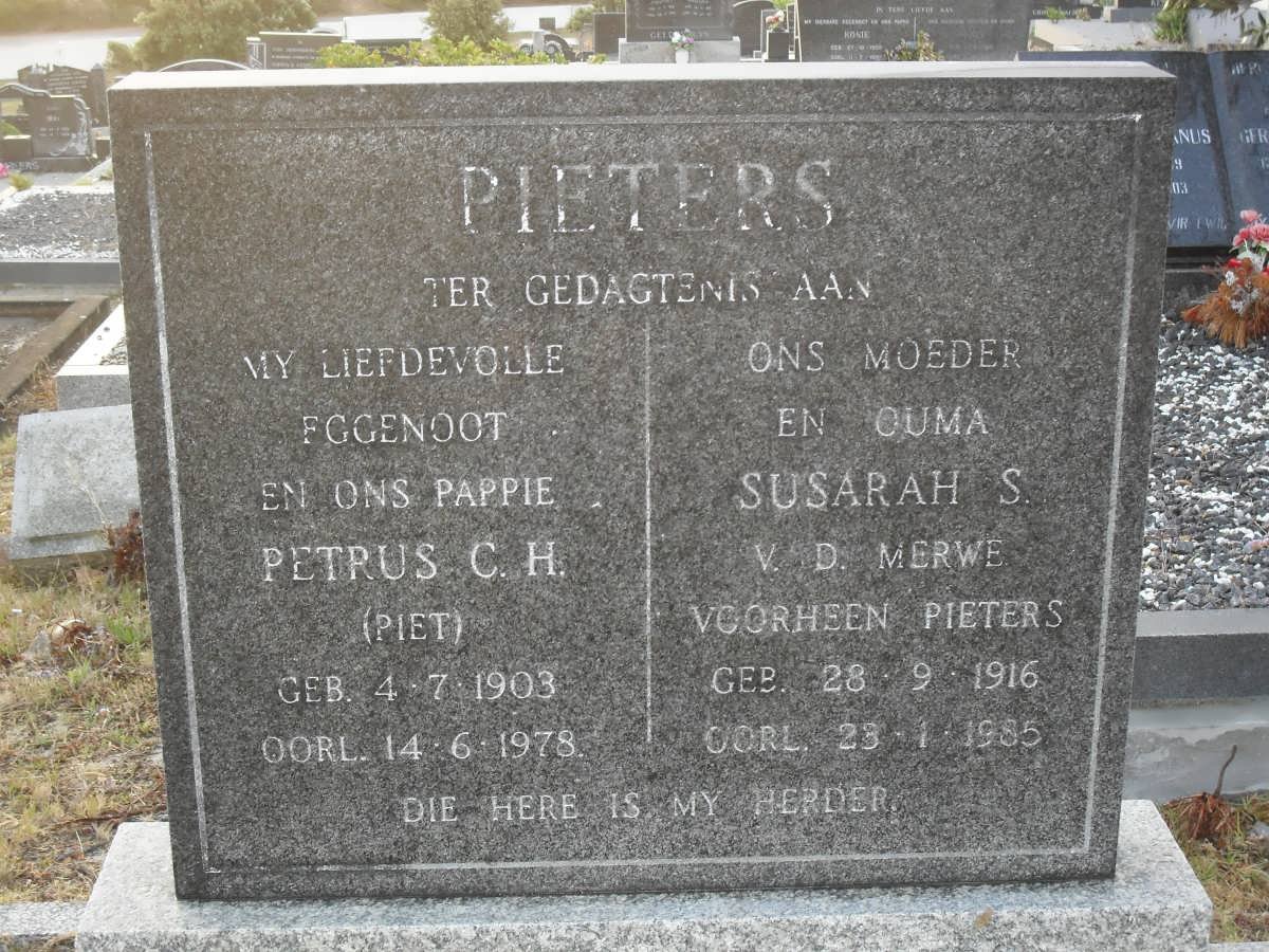 PIETERS Petrus C.H. 1903-1978 &amp; Susarah S. V.D. MERWE formerly PIETERS 1916-1985