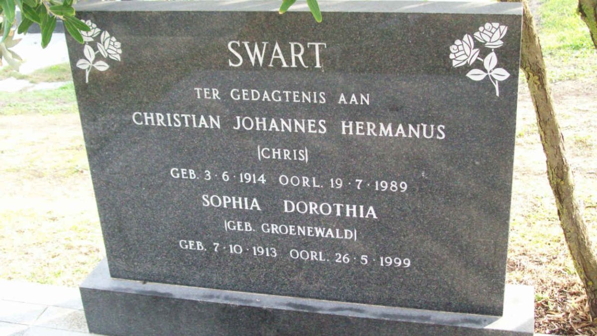 SWART Christian Johannes Hermanus 1914-1989 &amp; Sophia Dorothea nee GROENEWALD 1913-1999