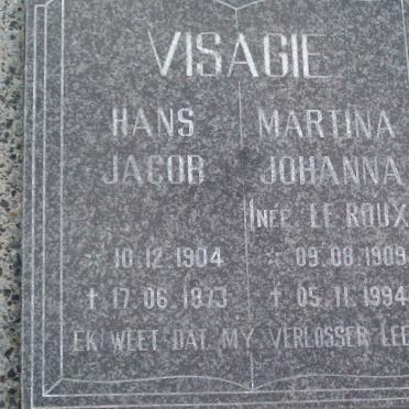 VISAGIE Hans Jacob 1904-1973 &amp; Martina Johanna nee LE ROUX 1909-1994