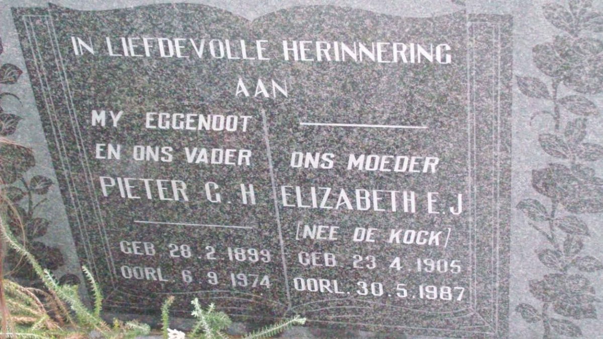 ? Pieter G.H 1899-1974 &amp; Elizabeth E. J. nee DE KOCK 1905-1987