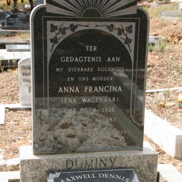 DUMINY Maxwell Dennis 1932-2012 & Anna Francina WAGENAAR 1926-1983