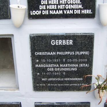 GERBER Christiaan Philippus 1931-2009 &amp; Margaretha Marthina GRUNDELING  1940-