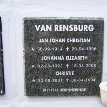RENSBURG Jan Johan Christian, van 1914-1996 &amp; Johanna Elizabeth 1922-2008 :: VAN RENSBURG Christie 1951-1994