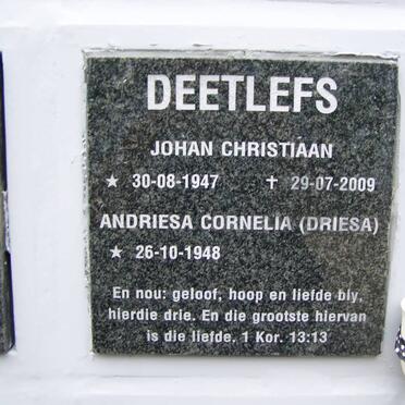 DEETLEFS Johan Christiaan 1947-2009 &amp; Andriesa Cornelia 1948-