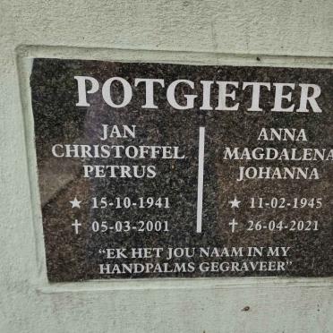 POTGIETER Jan Christoffel Petrus 1941-2001 & Anna Magdalena Johanna 1945-2021