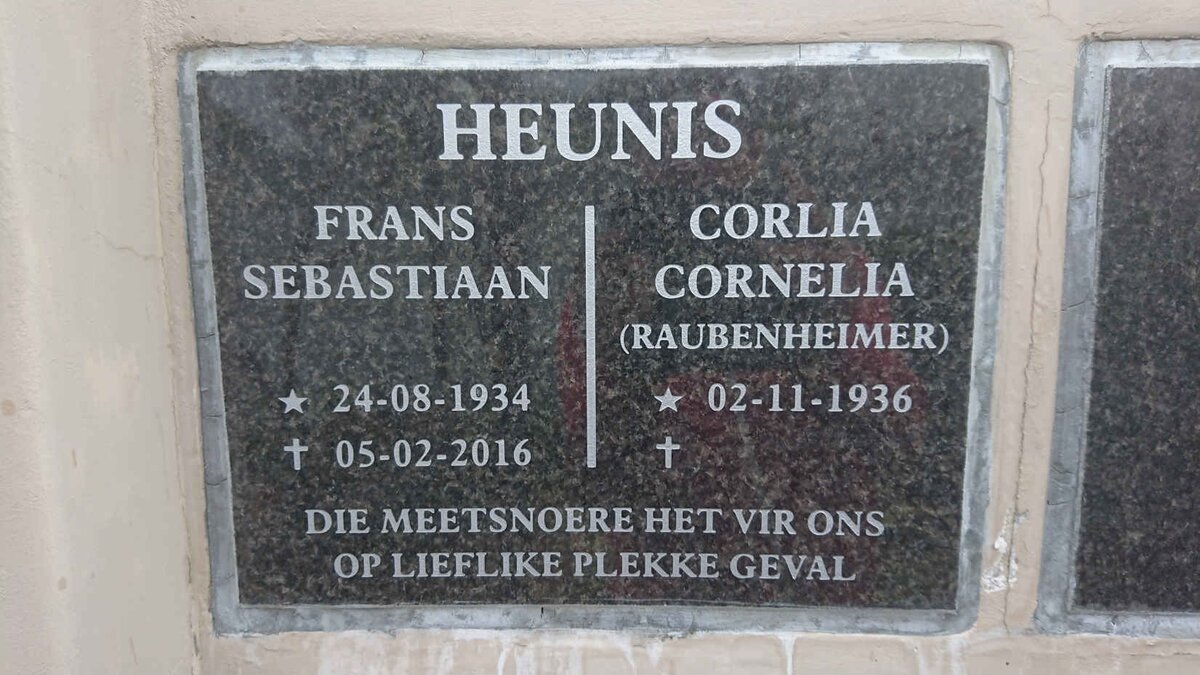 HEUNIS Frans Sebastiaan 1934-2016 &amp; Corlia Cornelia RAUBENHEIMER 1936-