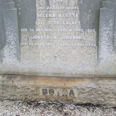 BOTHA Jonathan Johannes 1892-1944 &amp; Helena Aletta TERBLANCHE 1891-1945