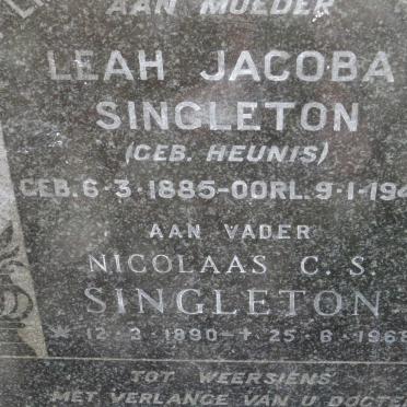 SINGLETON Nicolaas C.S. 1890-1968 &amp; Leah Jacoba HEUNIS 1885-1948