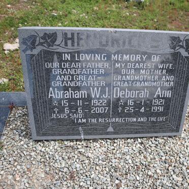 HENDRICKS Abraham W.J. 1922-2007 & Deborah Ann 1921-1991