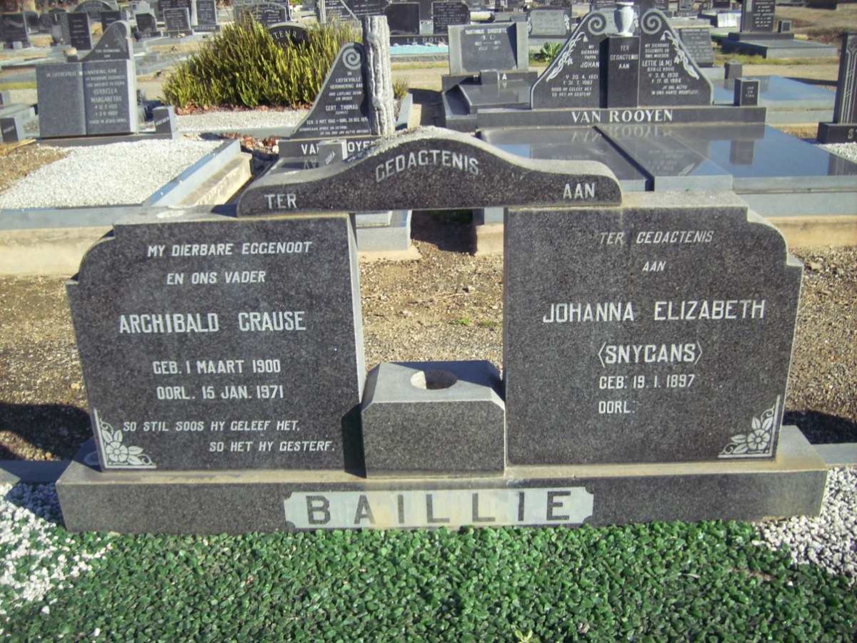 BAILLIE Archibald Crause 1900-1971 &amp; Johanna Elizabeth SNYGANS 1897-