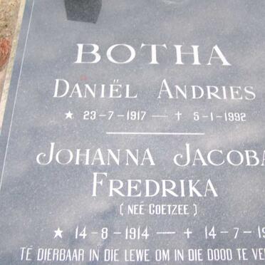 BOTHA Daniel Andries 1917-1992 &amp; Johanna Jacoba Fredrika COETZEE 1914-1999
